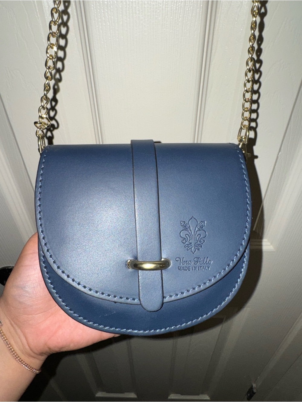 Women's Navy Leather Saddle Crossbody Bag with Gold Chain